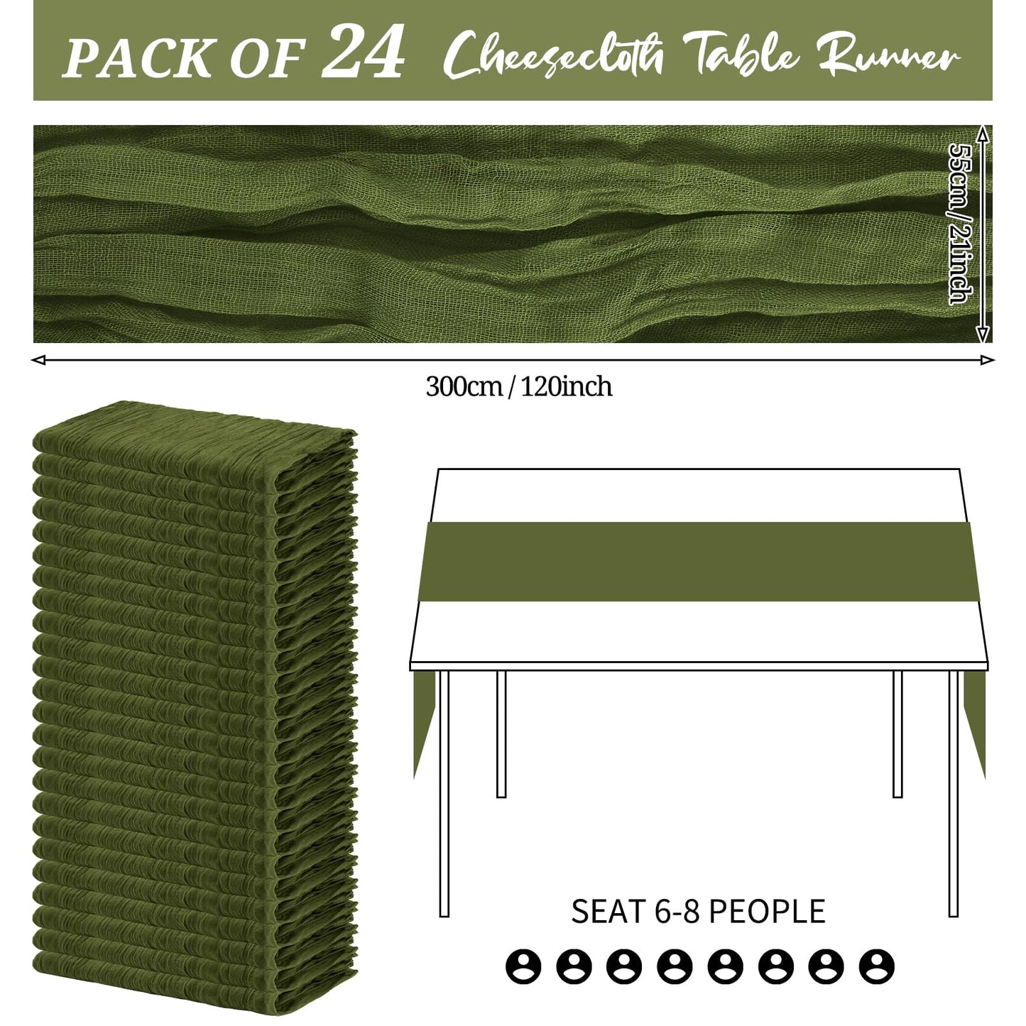 24 Pack Cheesecloth Table Runner 20 x 120 inch Cheese Cloth Table Runner Bulk,Romantic Boho Sheer Gauze Fabric Table Runners for Wedding Reception,Party,Bridal Shower Table Decor(Olive Green)