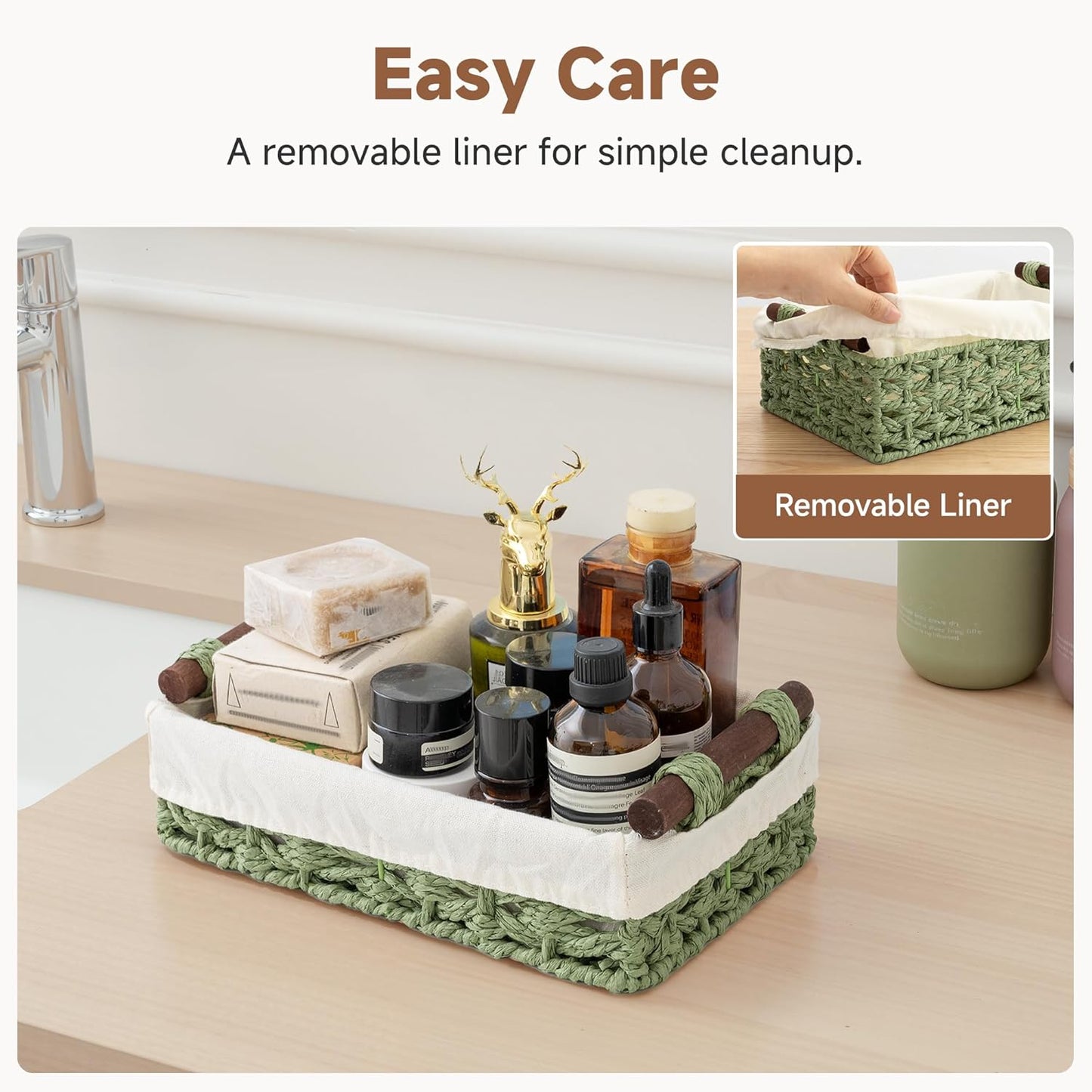 StorageWorks Small Wicker Baskets - Organizing with Handles & Liner | Green Paper Rope Bathroom Storage, 2 Pack