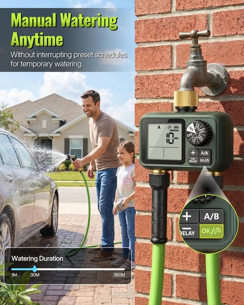 Brass Sprinkler Timer - Programmable Water Timer for Garden Hose with Auto/Manual/Rain Delay | 2 Outlet F12WT06