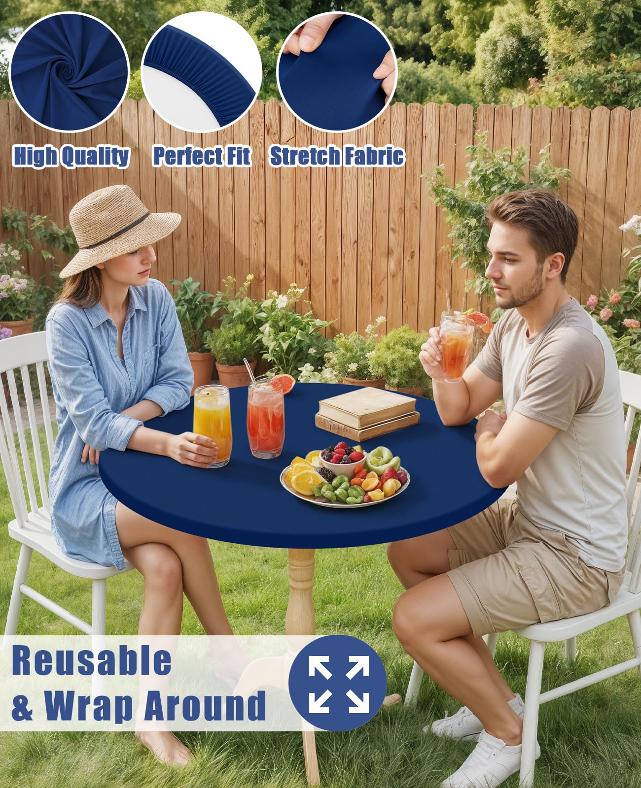 Moosfor Round Spandex Tablecloth, Elastic Fitted Waterproof Tablecloths for 31"-35" Tables, Stretch Washable Picnic Table Cover for Camping, Dining, Indoor and Outdoor, Navy