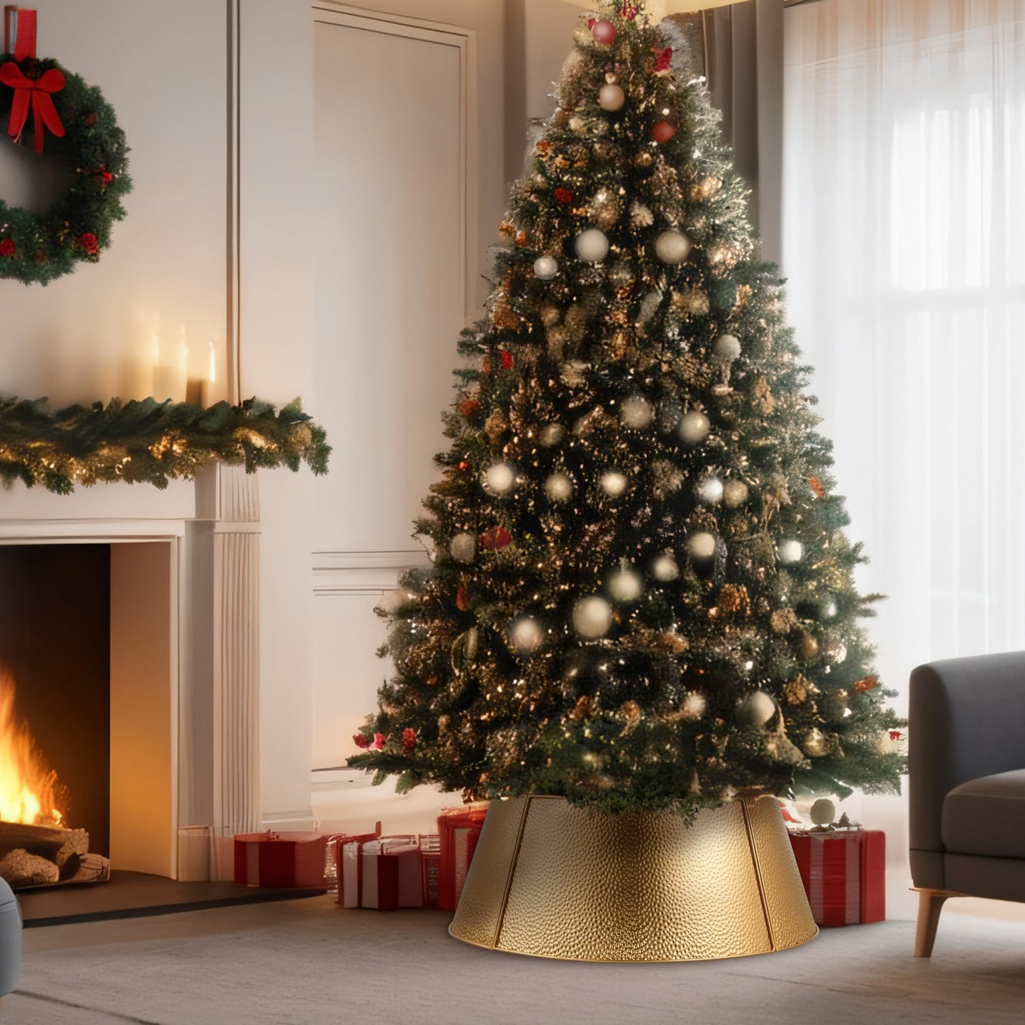Christmas Tree Collar and Skirt Set - 23" Festive Holiday Decor with Gold Metal Tree Collar Base Stand - Ideal for Real or Artificial Trees - Christmas Skirt Tree Basket Decorations Gift Gold1