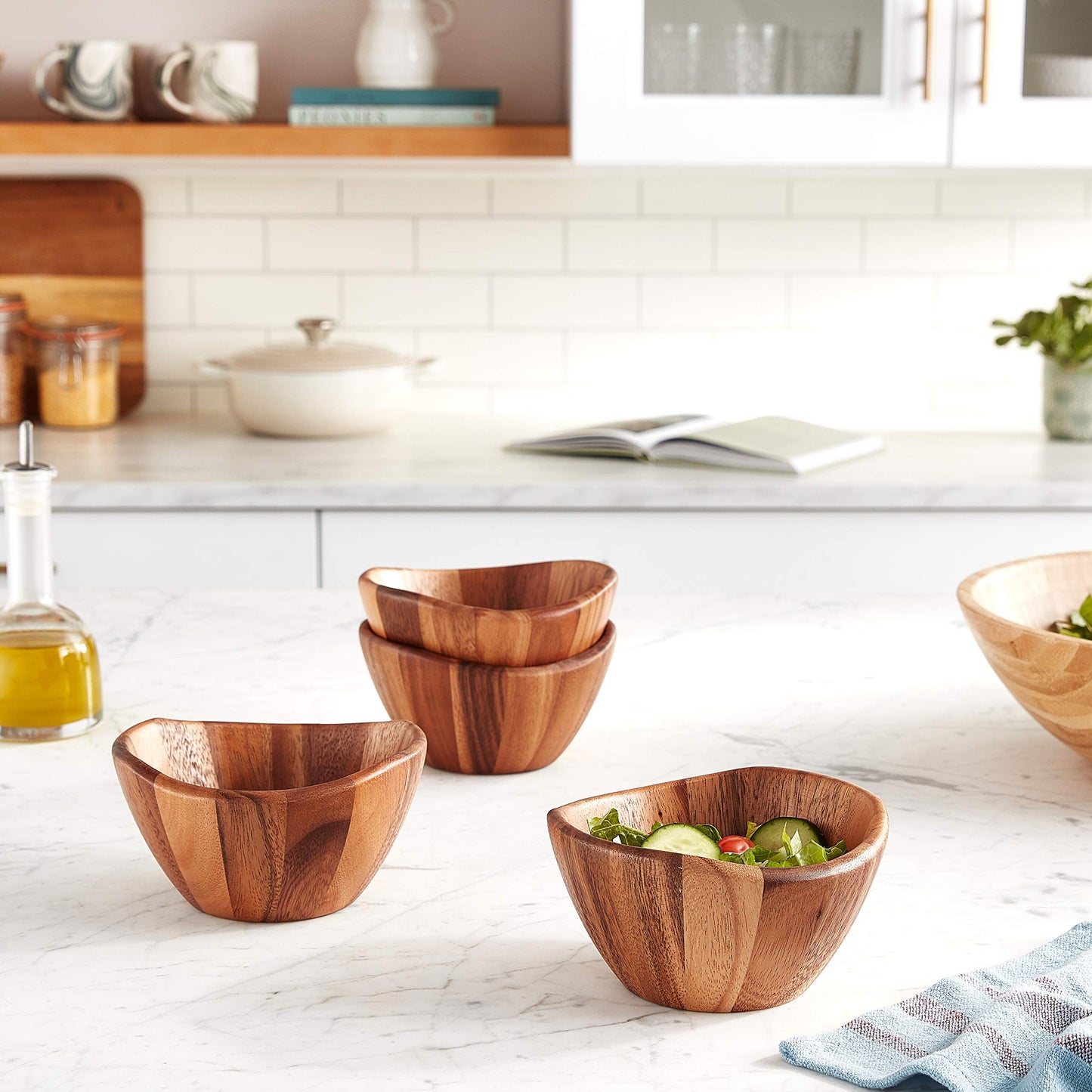 Lipper International Acacia Wave Serving Bowl for Fruits or Salads, Small, 6" Diameter x 3" Height, Set of 4 Bowls