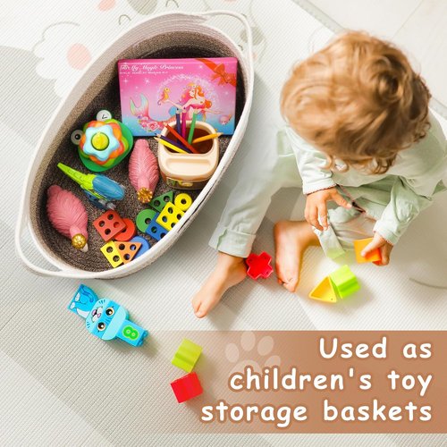 Dog Toy Basket - Woven Storage Organizer with Handle | Large 22”x11”x7.9” Light Beige Cotton