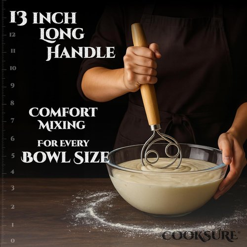 Danish Dough Whisk - 13-Inch Sourdough Bread Whisk with Wooden Handle & Stainless Steel Hook