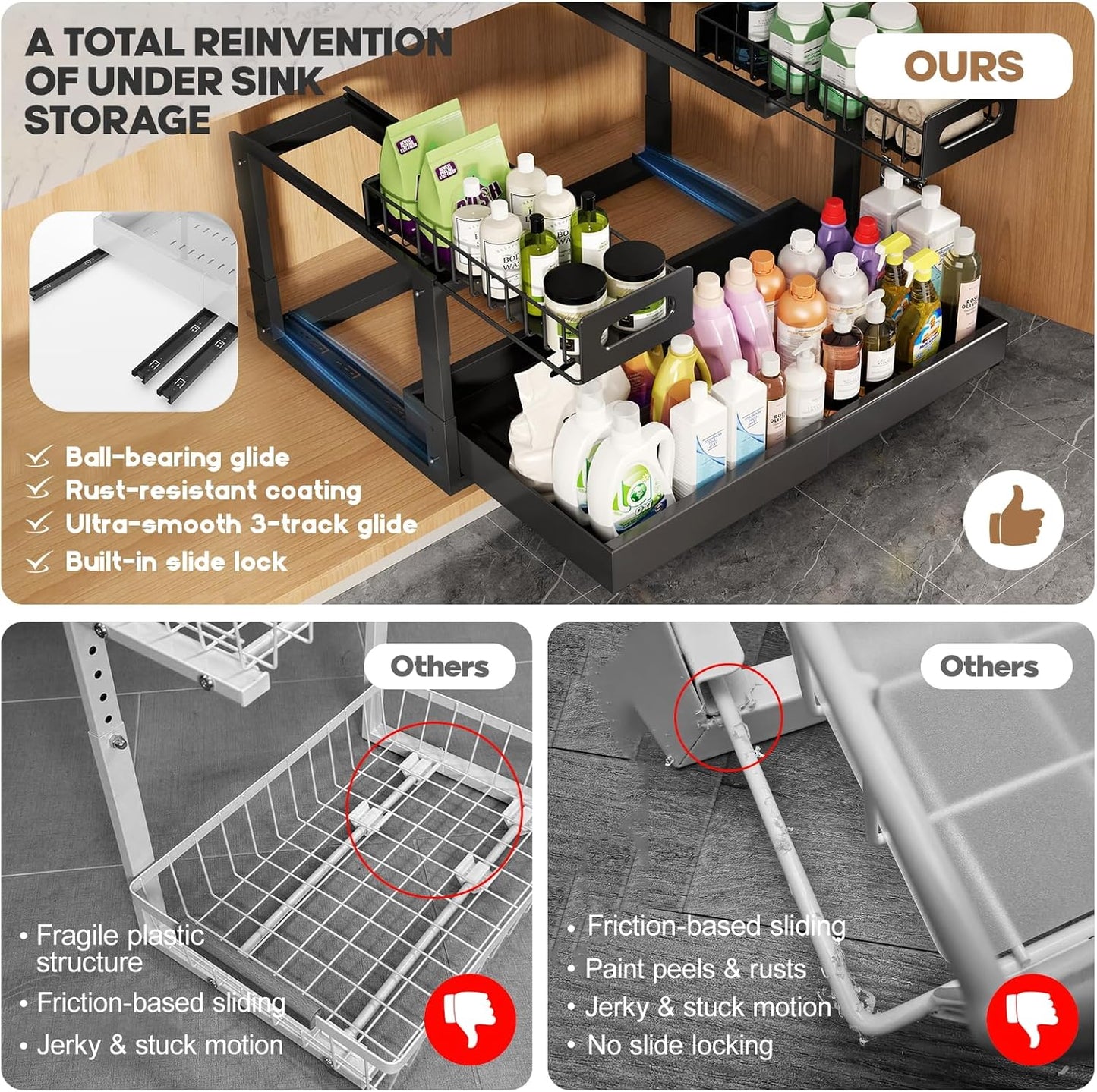 Skiennix Expandable Under Sink Organizer - 2-Tier Adjustable Storage with Ball-Bearing Slides | Black