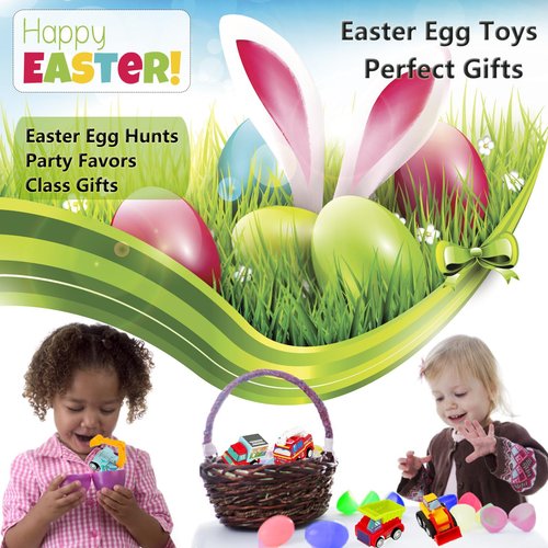 Atiger 18 PCS Easter Egg Fillers with Toys Inside, Easter Basket Stuffers for Toddlers Filled Pull Back Engineering Vehicles Plastic Eggs Party Favors for Kids Egg Hunt Gift Easter Basket Essentials