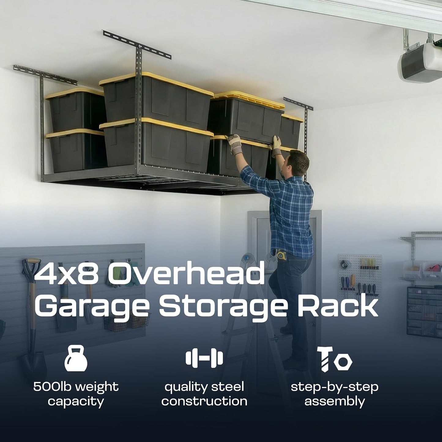 MonsterRax Overhead Garage Storage Rack - 4x8 Ceiling Organizer with Adjustable Height 24"-45" - Grey
