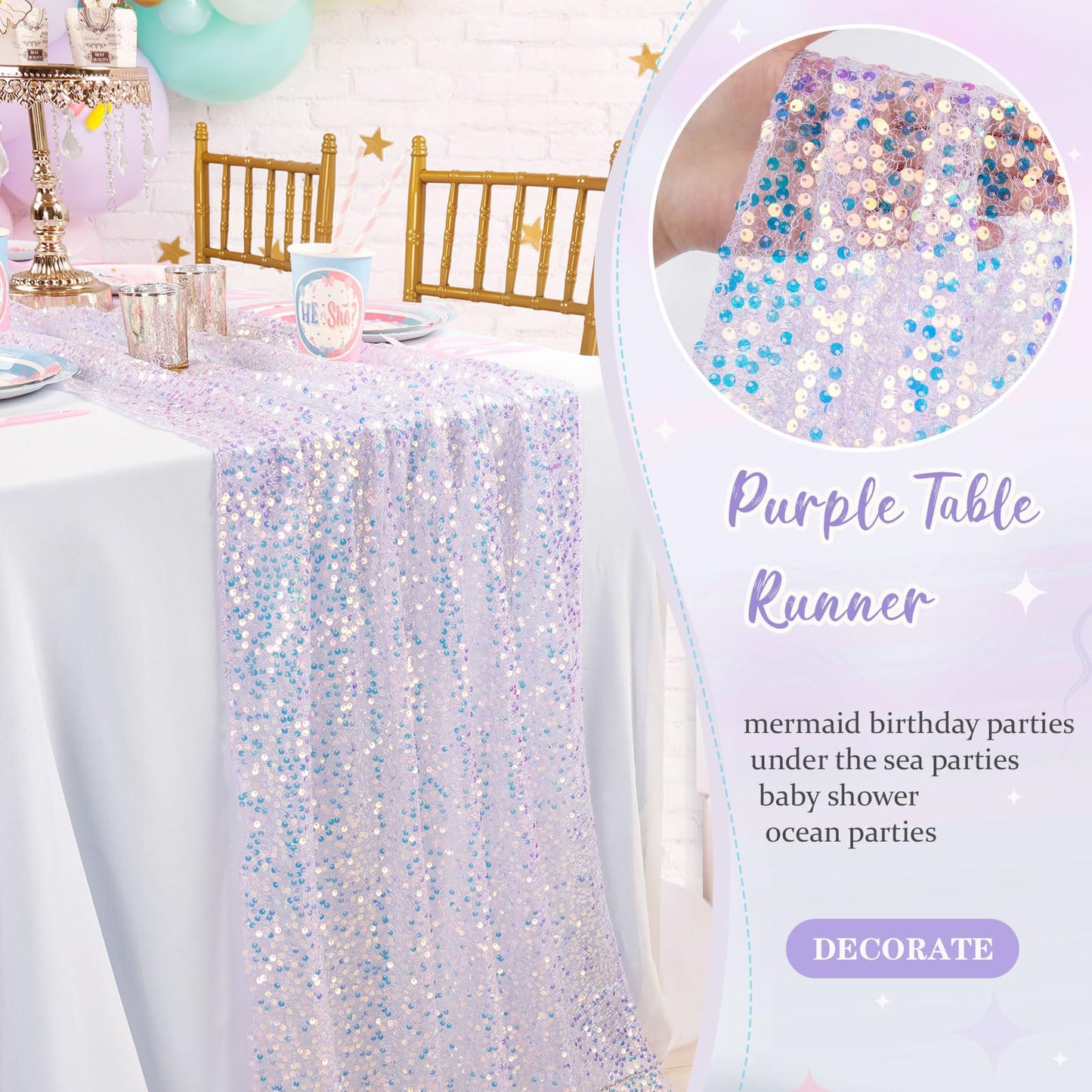 Sequin Iridescent Table Runner 25x120 Inches Purple Table Runners Sparkly Lavender Fabric Mermaid Party Decorations