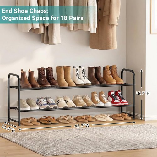 AOODA Shoe Rack - 2-Tier Metal Organizer for 18 Pairs | Stackable Storage Solution in Black