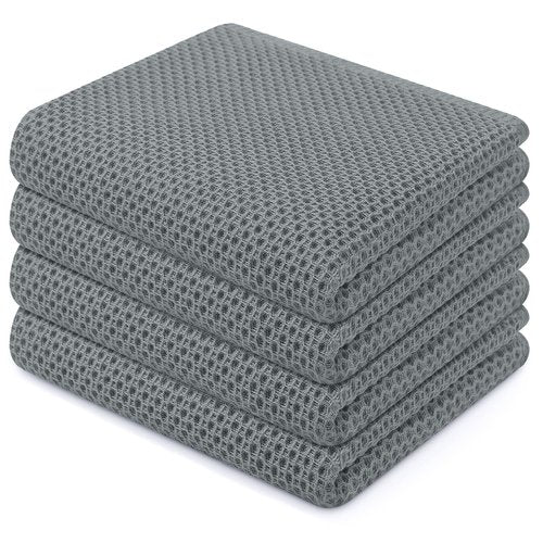 Homaxy 100% Cotton Waffle Weave Kitchen Dish Towels, Ultra Soft Absorbent Quick Drying Cleaning Towel, 13 x 28 Inches, 4-Pack, Grey
