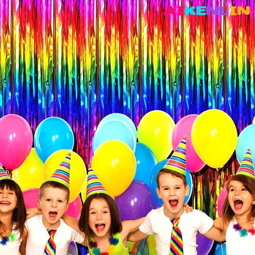 Colorful Foil Fringe Curtain Backdrop by [Brand Name] - 4 Pack Metallic Tinsel Streamers | 3.2Ft x 9.8Ft for Parties, Weddings & Events