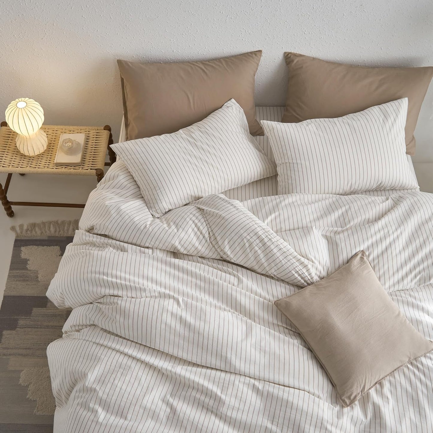 MooMee Striped Duvet Cover Set - 100% Washed Cotton, Soft & Breathable | Queen Size (White & Grey Stripes)