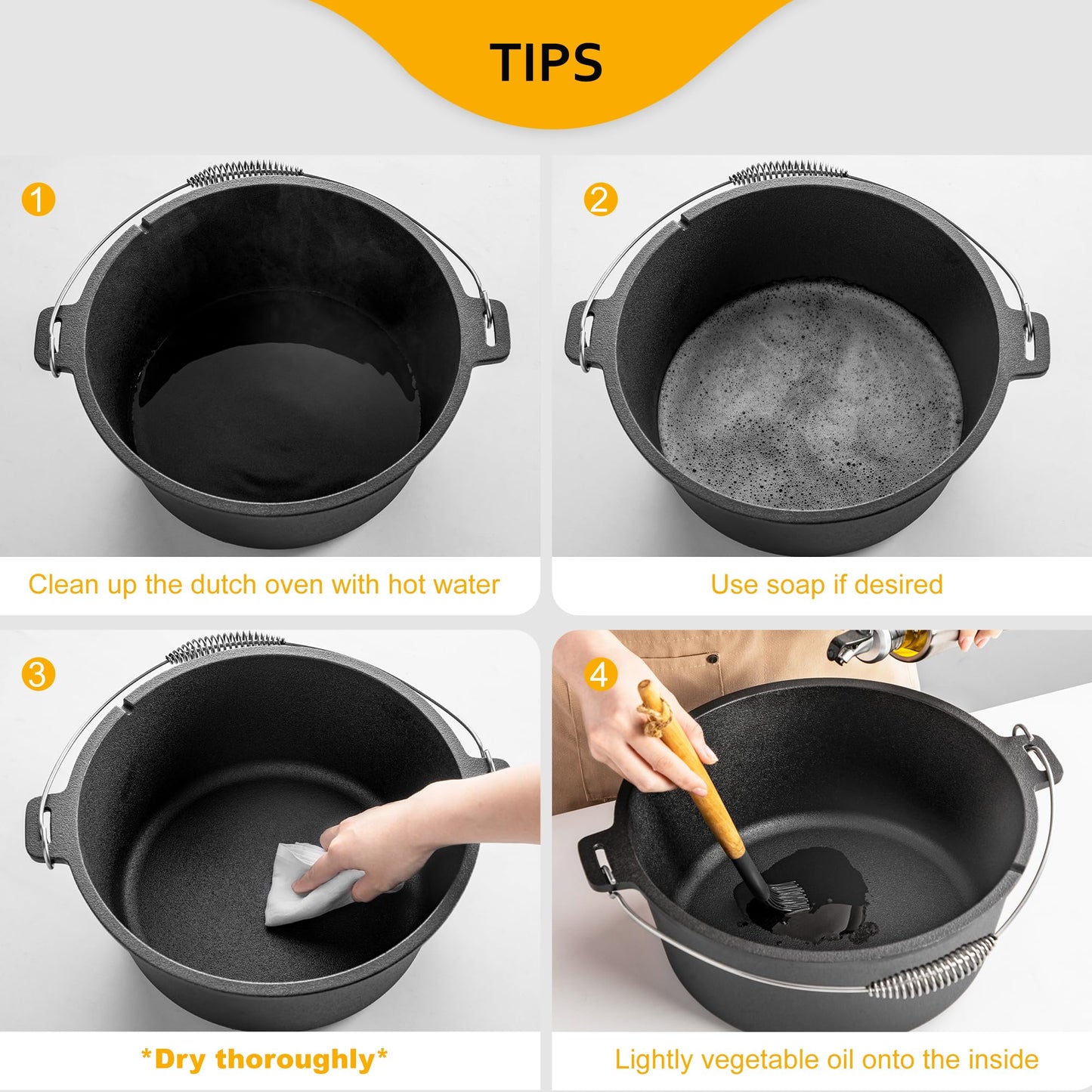 Velaze 10QT Camping Dutch Oven, Pre-Seasoned Cast Iron Camp Dutch Oven Pot with Lid, for Use in the Oven, on the Stove, Grill, or over the Campfire - Metal Handle, Lid Lifter, and Stand Support