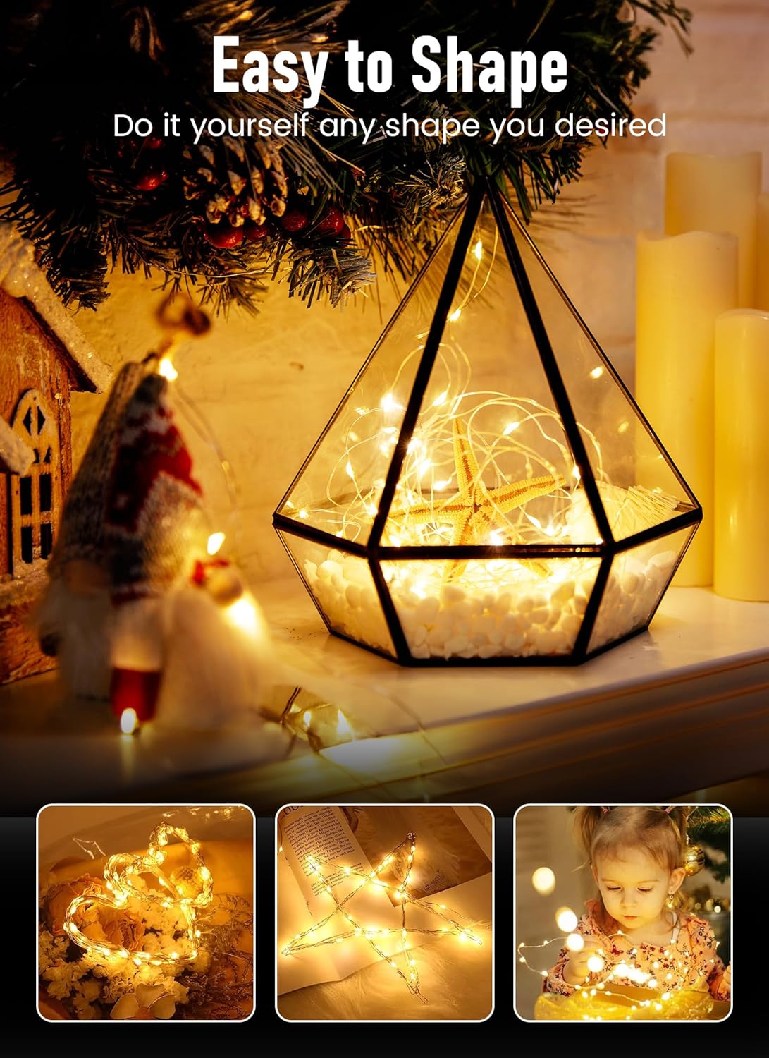 Minetom Fairy String Lights - 33Ft 100 LED Battery Operated Copper Wire Twinkle Lights | Waterproof for Weddings & Parties