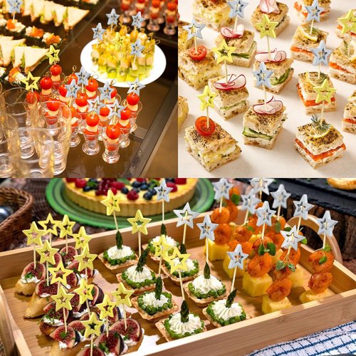100 Pcs Gold Star Cocktail Picks, 4.7" Elegant Bamboo Appetizer Skewers for Drink & Fruit Garnish, Premium Birthday Party Decoration Supplies