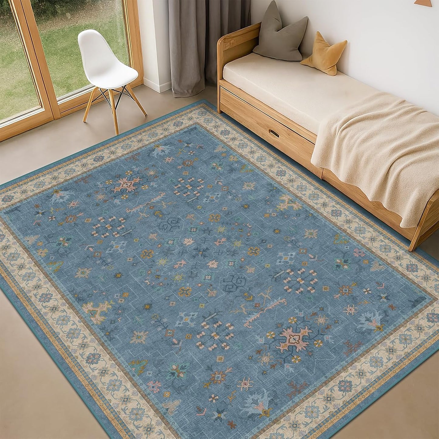 Skiennix 5x8 Boho Eclectic Area Rug - Modern Low-Pile Blue Carpet for Living Room, Bedroom & Nursery