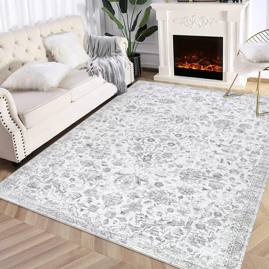GlowSol Washable Rug 5x7 Floral Area Rug Non Slip Non Shedding Fluffy Pile Rug Throw Rug Ultra-Thin Indoor Floor Carpet for Bedroom Living Room Nursery, Grey