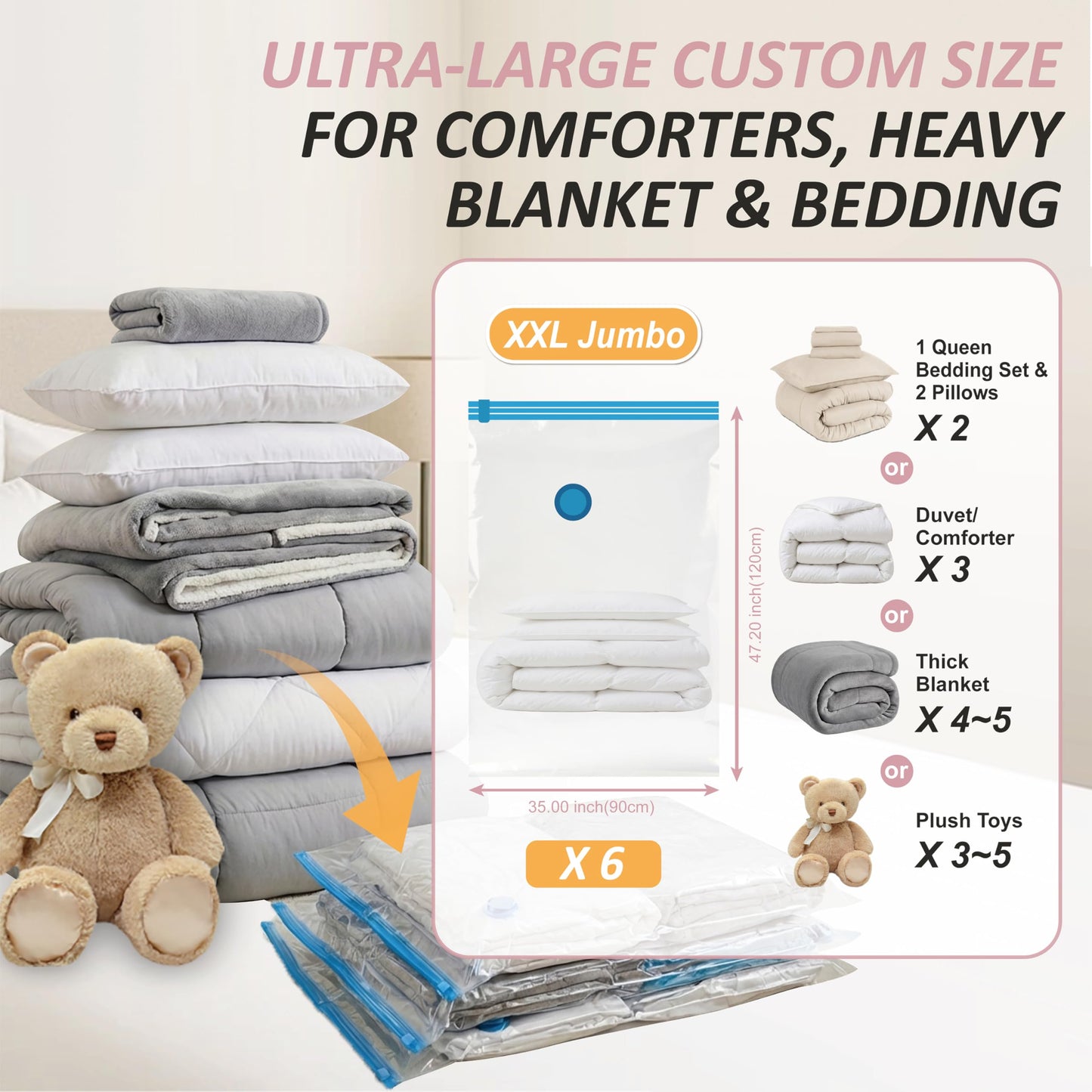 Cozy Essential Vacuum Storage Bags, 80% Compression Vacuum Seal Space Saver Plastic Packaging Bags for Clothes, Blankets, Pillow, Bedding, Comforters, Sealer Clothing Storage,6 XXL Jumbo