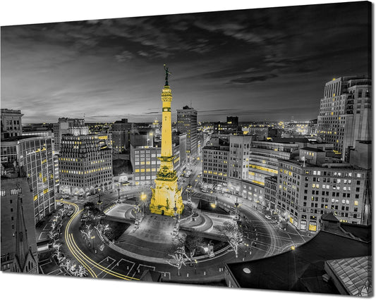 Indianapolis City Wall Art Indiana Painting Skyline Canvas Print Soldier Sailor Monument Picture Frames Indiana Skyline Wall Decor Black and White Poster Home Decoration(36x24 inches)
