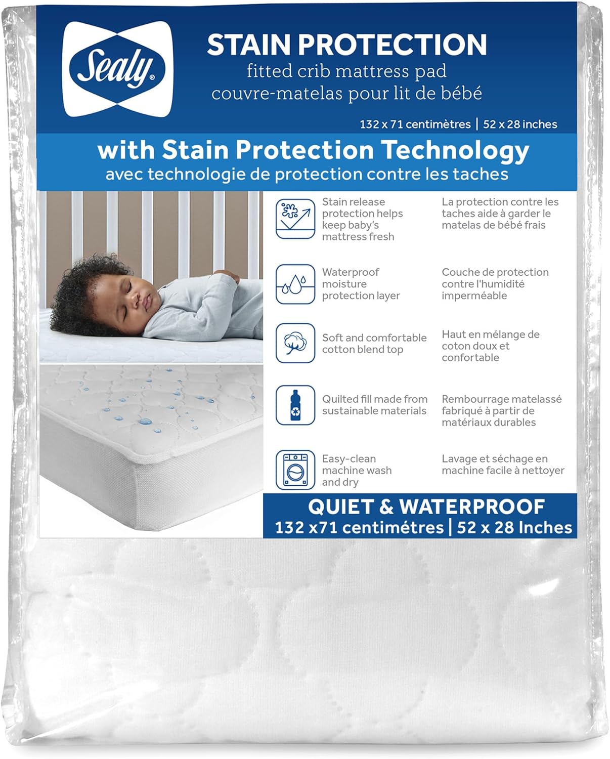 Sealy Baby Waterproof Crib Mattress Protector - Noiseless Quilted Cotton-Blend Cover, 52 x 28, White | Easy to Clean