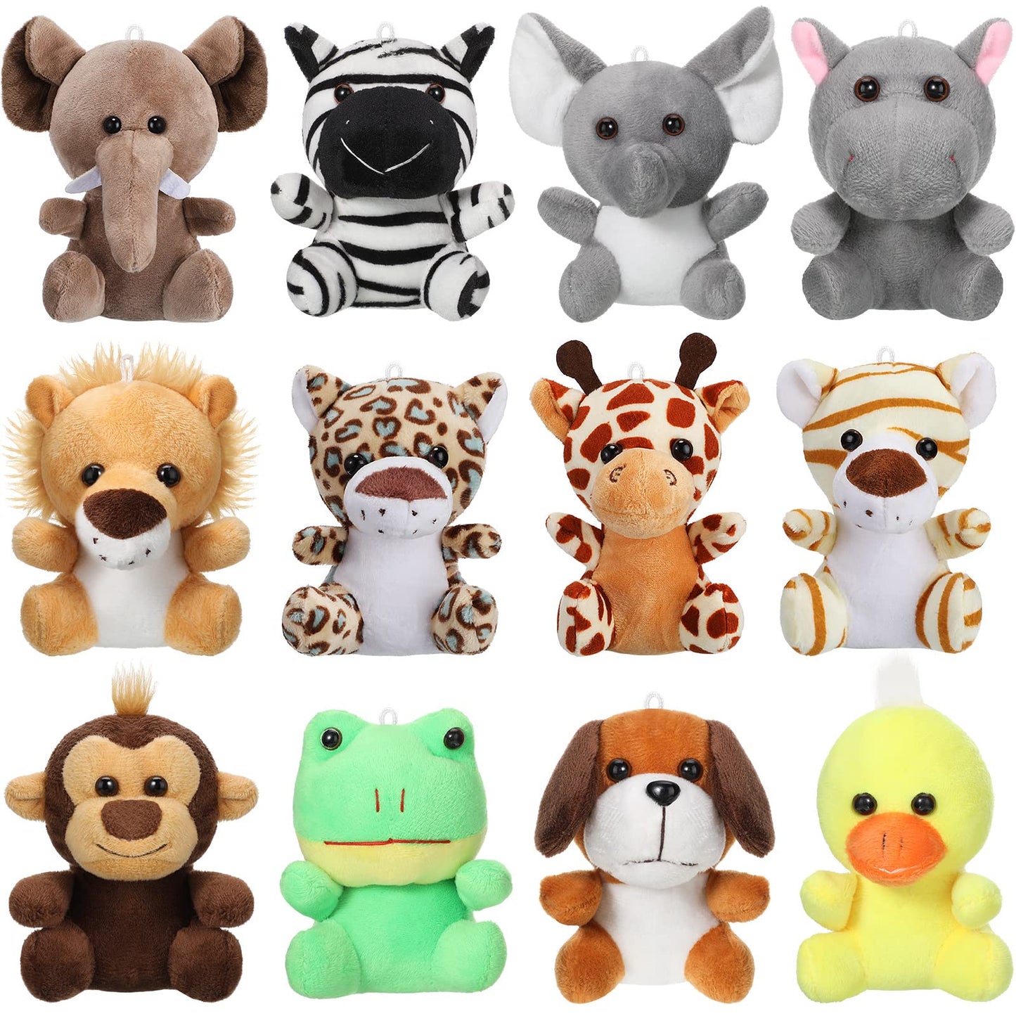 Skylety 12pcs Mini Safari Stuff Animal 3.9 Inch Cute Jungle Stuffed Animal Lion Rabbit Owl Hedgehog Monkey Tiger Zebra Elephant Leopard Hippopotamus Rhinoceros for Easter