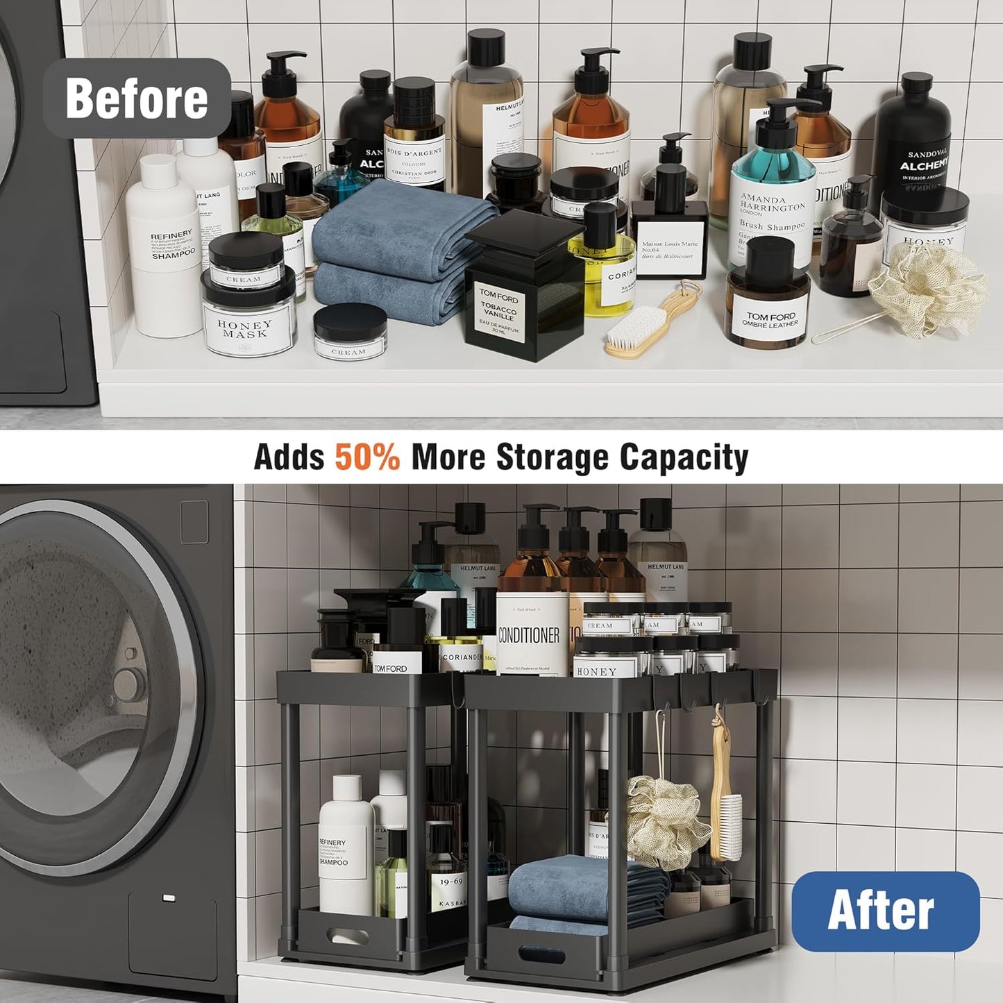 Skiennix Pull-Out Storage Organizers - Multi-Purpose Under Sink Bathroom & Kitchen Organizers | 2 Pack, Black