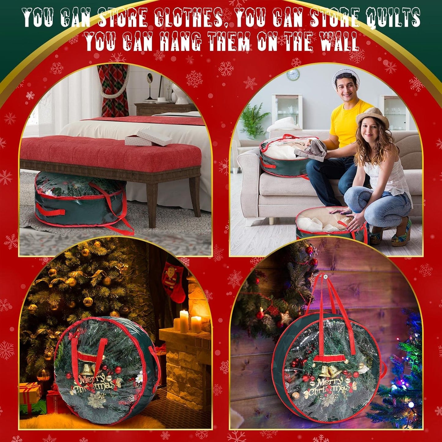 Shappy Christmas Wreath Storage Bag - 4 Pcs with Clear Window & Handles | Green, 30 x 7 Inch