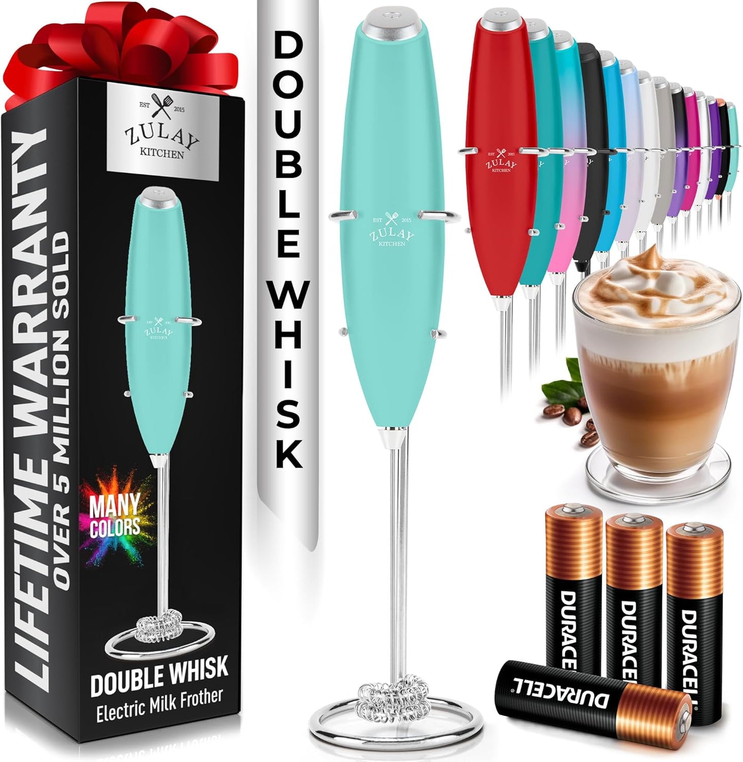 Zulay Kitchen Milk Frother - Powerful Handheld Whisk for Coffee, Lattes & Matcha - Includes 4 Duracell Batteries