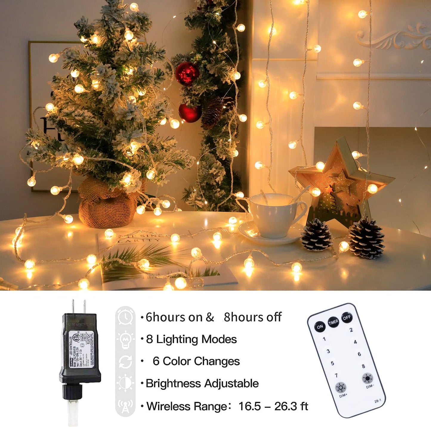 BAILONGJU Globe String Lights 49.2 Feet 100 LED, Plug in Crystal Fairy String Lights with Remote Timer, 8 Modes Indoor Outdoor Hanging Globe Lights for Wedding Bedroom Classroom Patio Garden