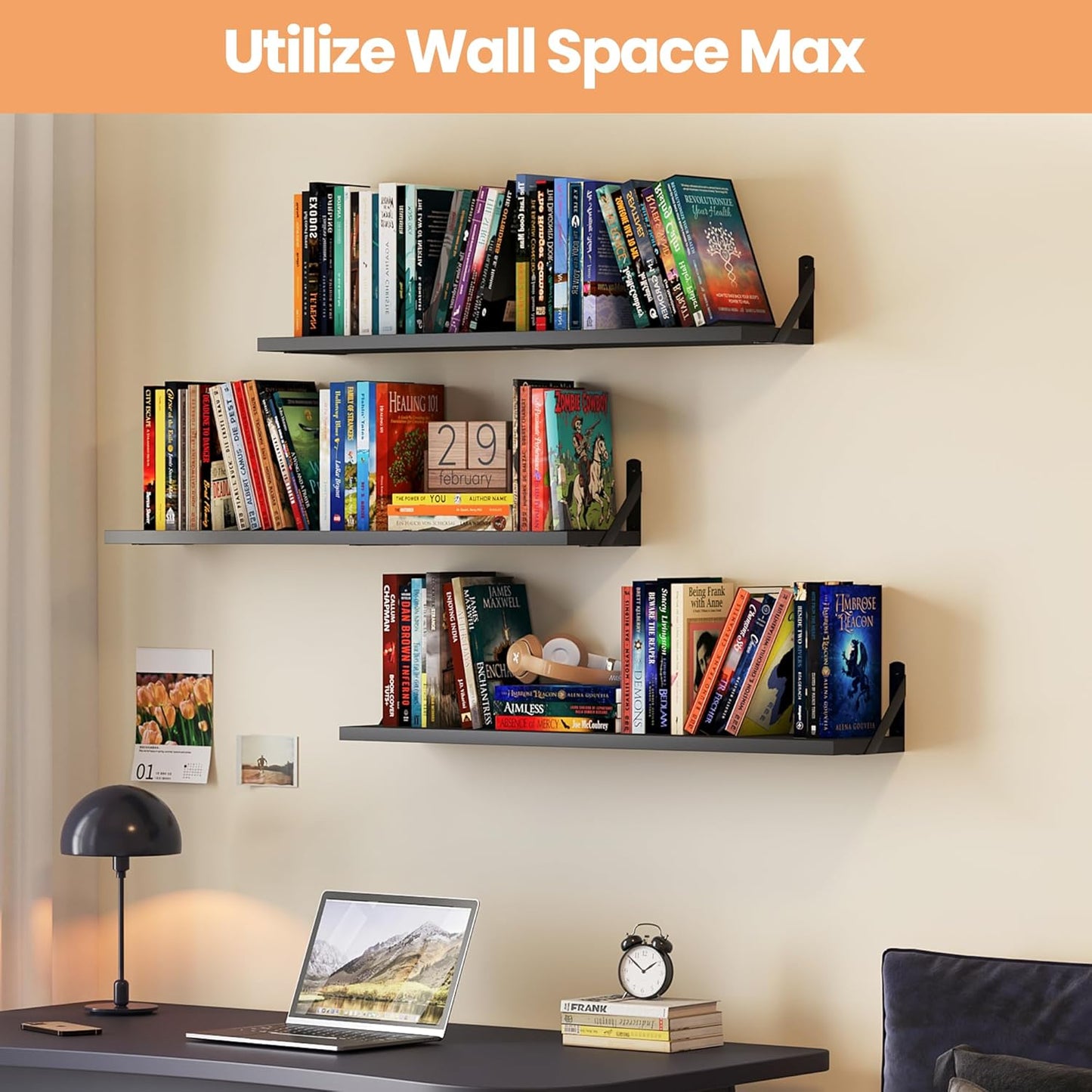 Upsimples Floating Book Shelves - 35.4 Inches Long Wall Storage for Living Room, Library, Office | Black Wood
