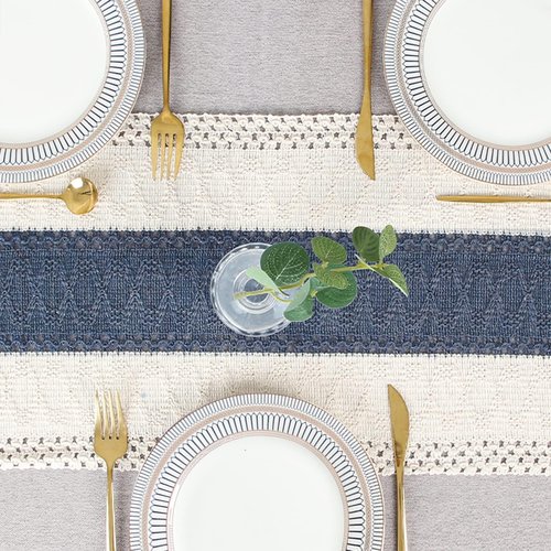 FEXIA Boho Table Runner 36 Inches Long with Tassels Farmhouse Rustic Cream & Blue Macrame for Dining Bedroom Home Baby Bridal Shower Decor(12x36 Inches)