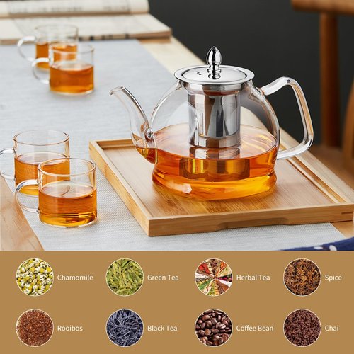 DOPUDO 1200ml Glass Teapot with Removable Infuser, Stovetop Safe Tea Kettle, Blooming and Loose Leaf Tea Maker Set