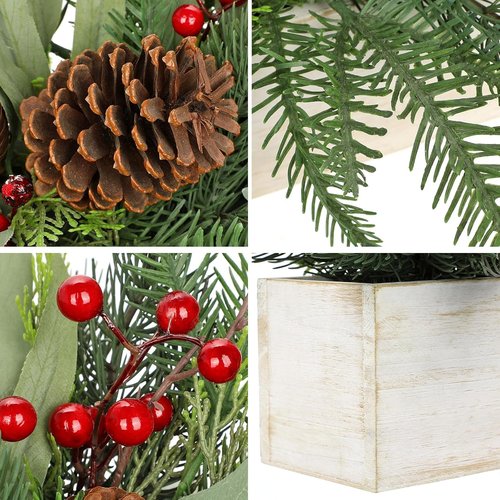 GnFlus Christmas Centerpieces - Artificial Pine Tree with Pinecones & Eucalyptus in White Wooden Pot