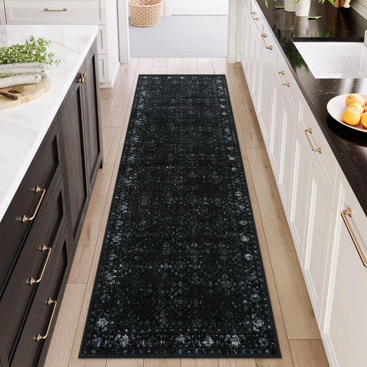 Hedlive Vintage Washable Runner Rug, 2.6x8 Soft Runners for Hallways Entrance Indoor, Ultra-Thin Bathroom Runner Rug Non Slip Carpet Runners for Kitchen Laundry Room Bedroom (2'6"x8', Black)