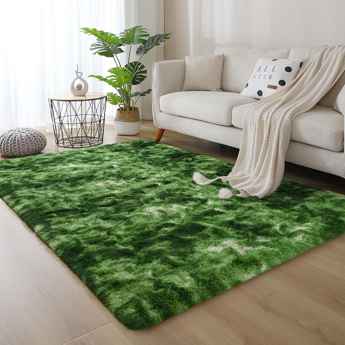 DweIke Extra Large Fluffy Area Rug, 5x8 ft Modern Indoor Carpets for Living Room Bedroom, Plush High Pile Tie-Dyed Dark Green Rug for Girls Kids Playroom Classroom Nursery Home Décor, Dark Green