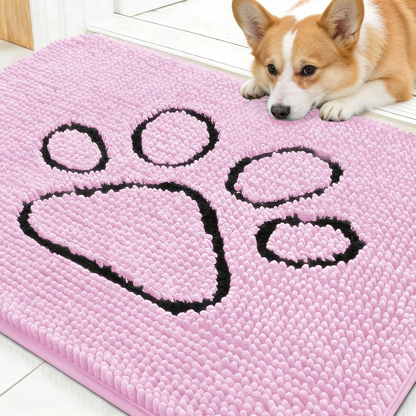 OLANLY Dog Door Mat - Absorbent Non-Slip Mud Mat for Muddy Paws | Quick Dry Chenille, 30x20, Pink