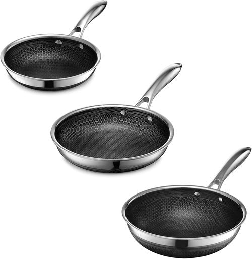 HexClad Hybrid Nonstick Cookware Set - 3-Piece Set with 7" & 10" Pans, 10" Wok | Stay-Cool, Dishwasher & Oven-Safe