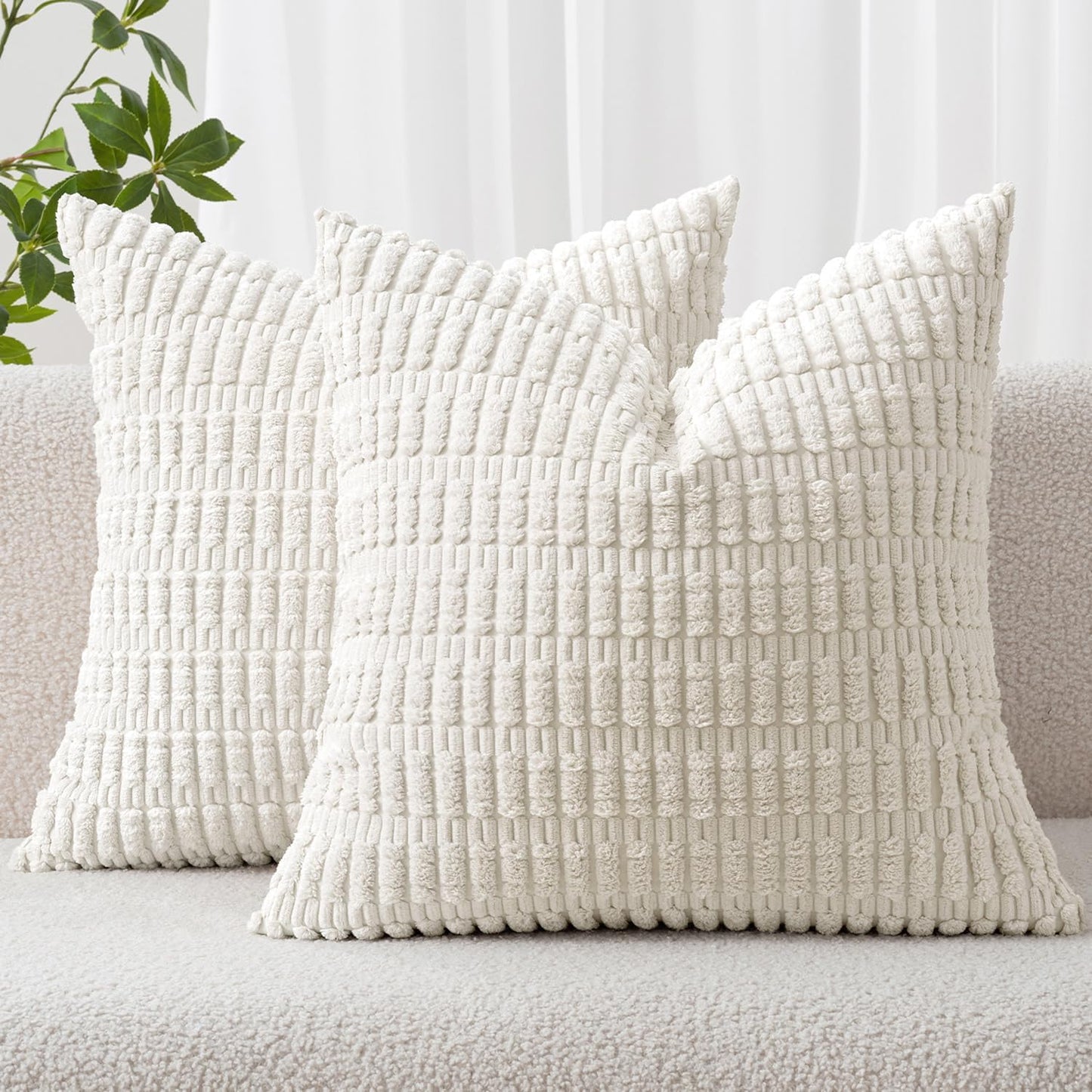 MIULEE Euro Sham Pillow Covers - Soft Boho Striped Corduroy | 24x24 Inch Pure White for Modern Farmhouse Decor