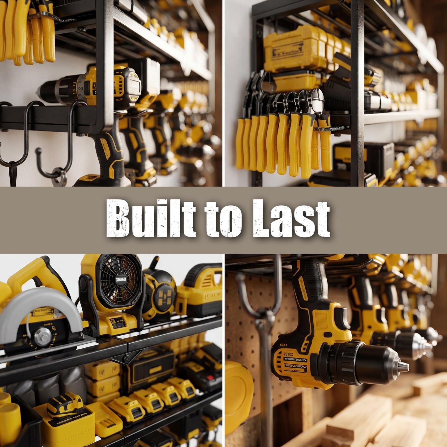 Amoowis Heavy Duty Power Tool Organizer for Wall Mount Garage Storage – 320 lbs Capacity, 3-Tier Iron Wire Rack with 8 Drill Slots, Shelf for Battery Charging Station – Gift for Fathers Day Handyman