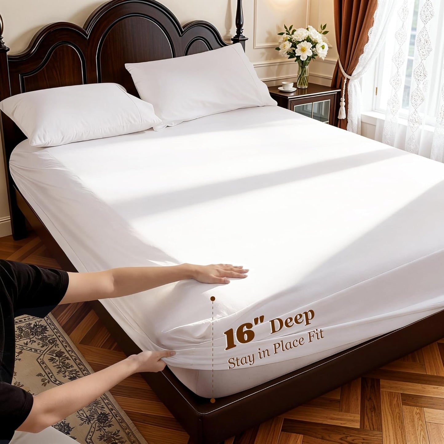 LBRO2M 100% Cotton Queen Size Sheet Set - Soft & Breathable Long Staple Bedding | 4-Piece, 16" Deep Pocket, White