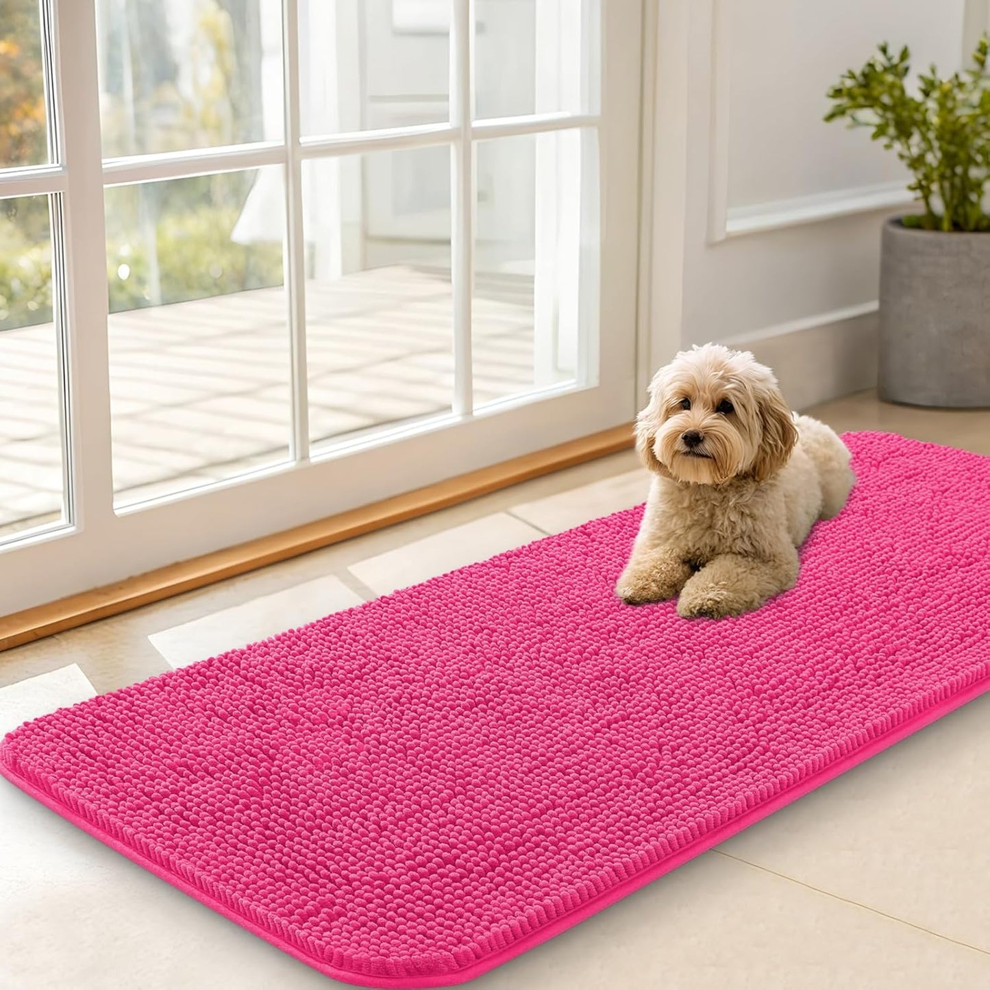 OLANLY Dog Door Mat - Absorbent Non-Slip Washable Doormat for Muddy Paws | 47x20 Hot Pink