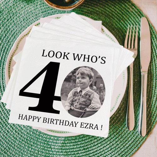 Custom Photo 40th Birthday Napkins, Personalized 40th Birthday Napkins, Look Who's 40 Portrait Napkin, Cocktail Beverage Napkin, Birth day Party Decorations, Birth day Party Supplies