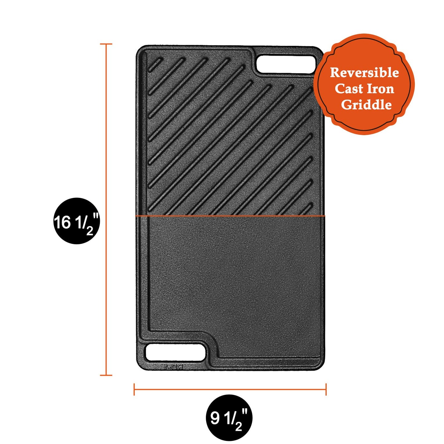 1-Piece 16.50 Inch Cast Iron Griddle Plate | Reversible Pre-Seasoned Cast Iron Grill Pan for Gas Stovetop | Double Sided Used on Open Fire & in Oven | Pre-Coated With Oil