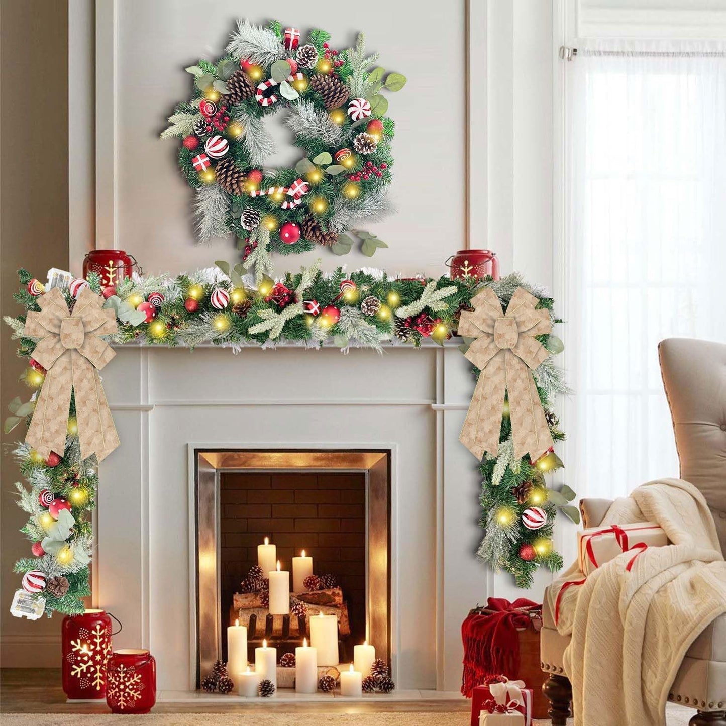 Skiennix Large Christmas Bow - Champagne Velvet Wreath Decor for Front Door & Holiday Parties