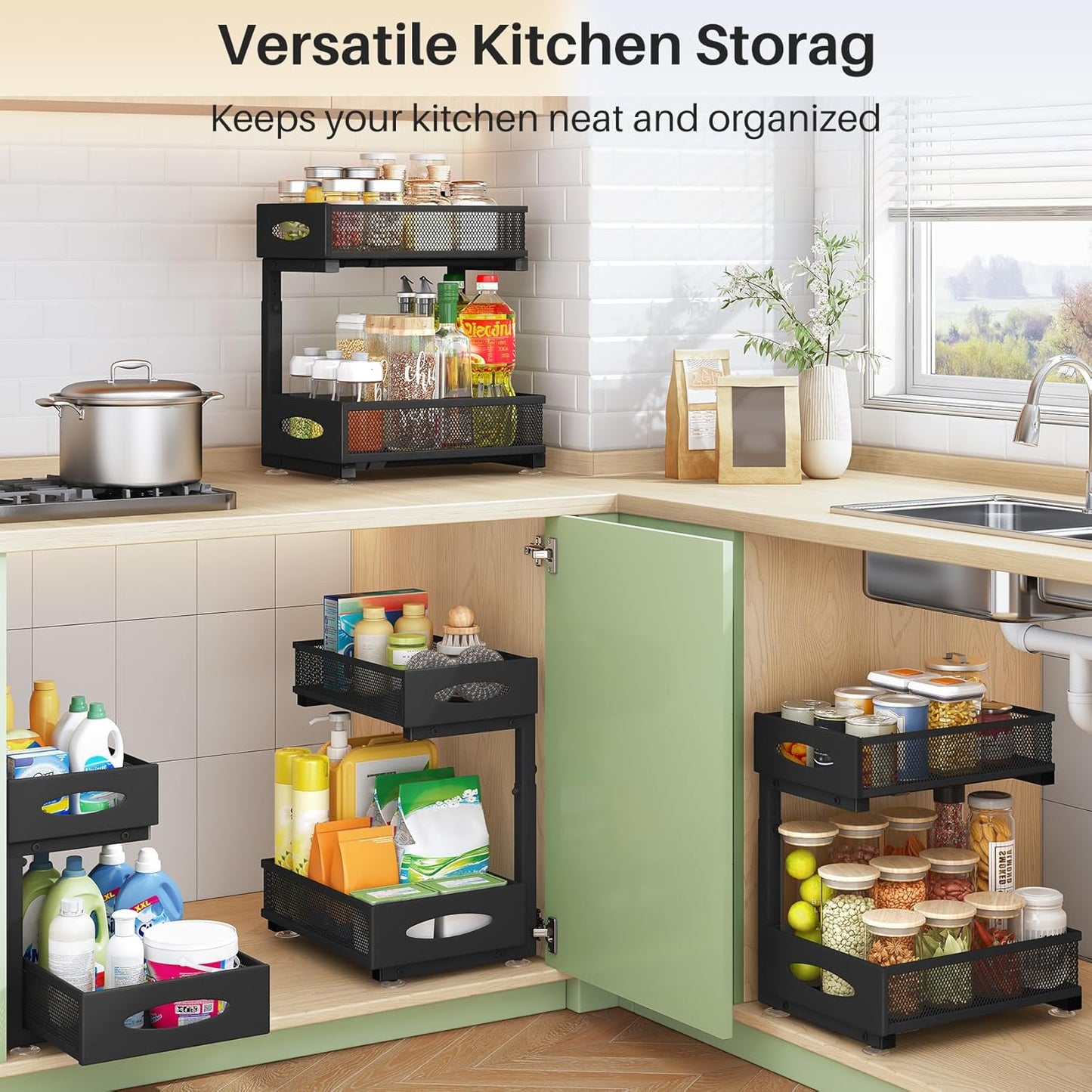 Skiennix Under Sink Organizer - 2 Pack 2 Tier Pull-Out Cabinet Baskets with Mesh Drawers | Black