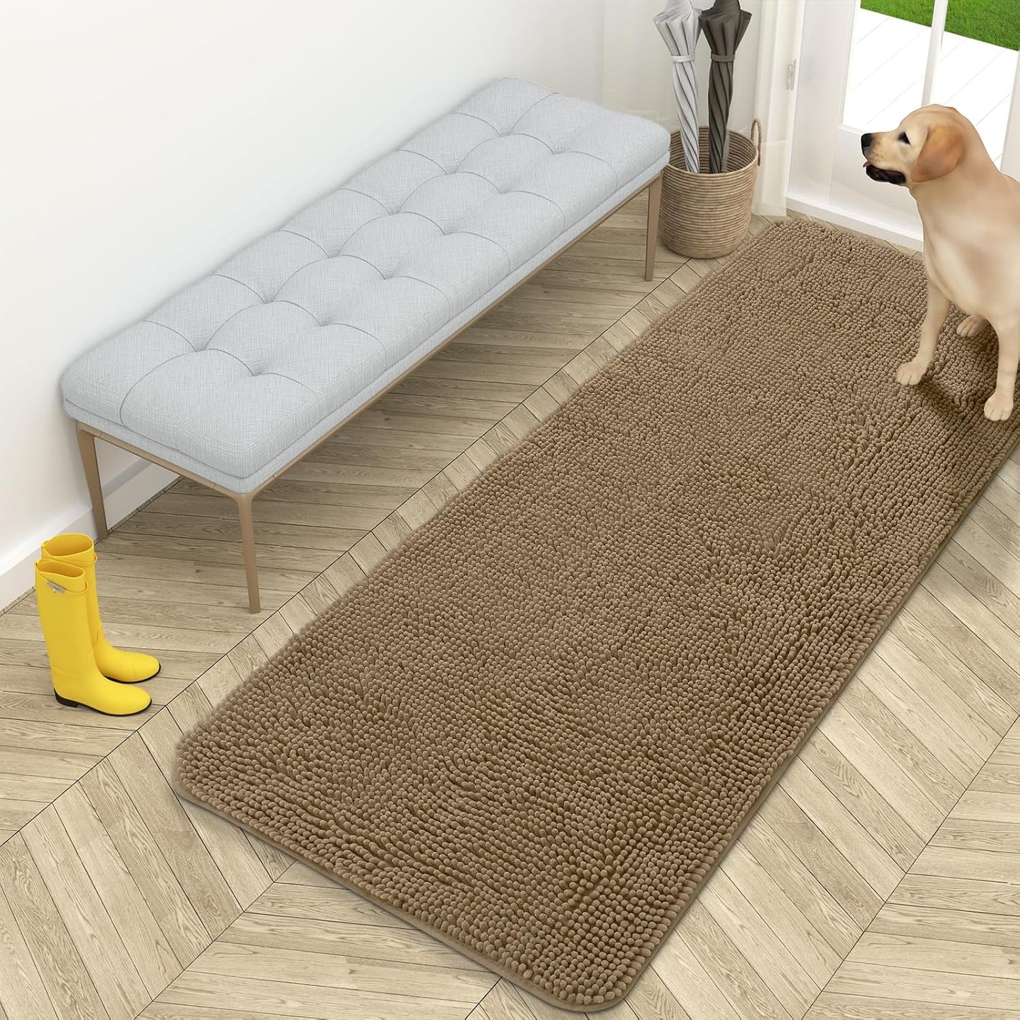 OLANLY Dog Door Mat - Absorbent Non-Slip Chenille Mat for Muddy Paws | 59x24 Tan Indoor Carpet