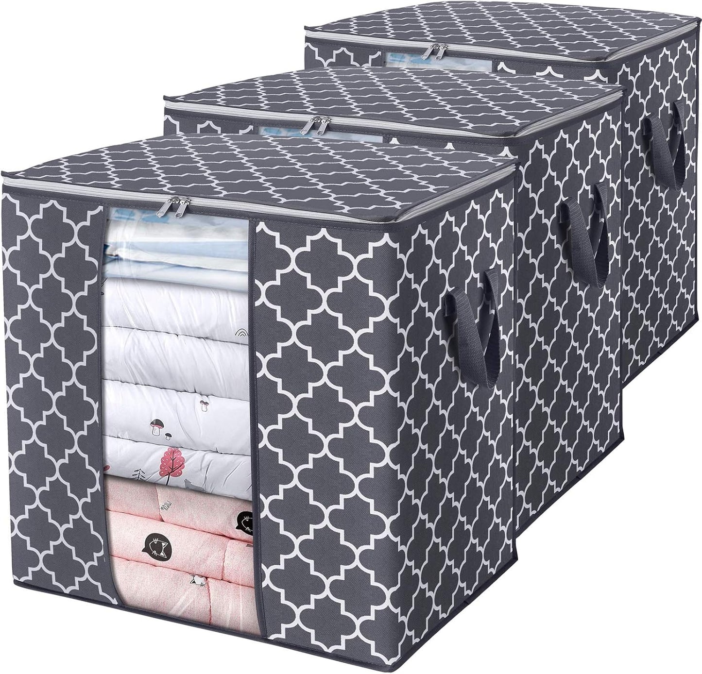 WISELIFE Storage Bags - 3 Pack 100L Large Blanket & Clothes Organizers | Foldable with Clear Window & Sturdy Zippers, Gray