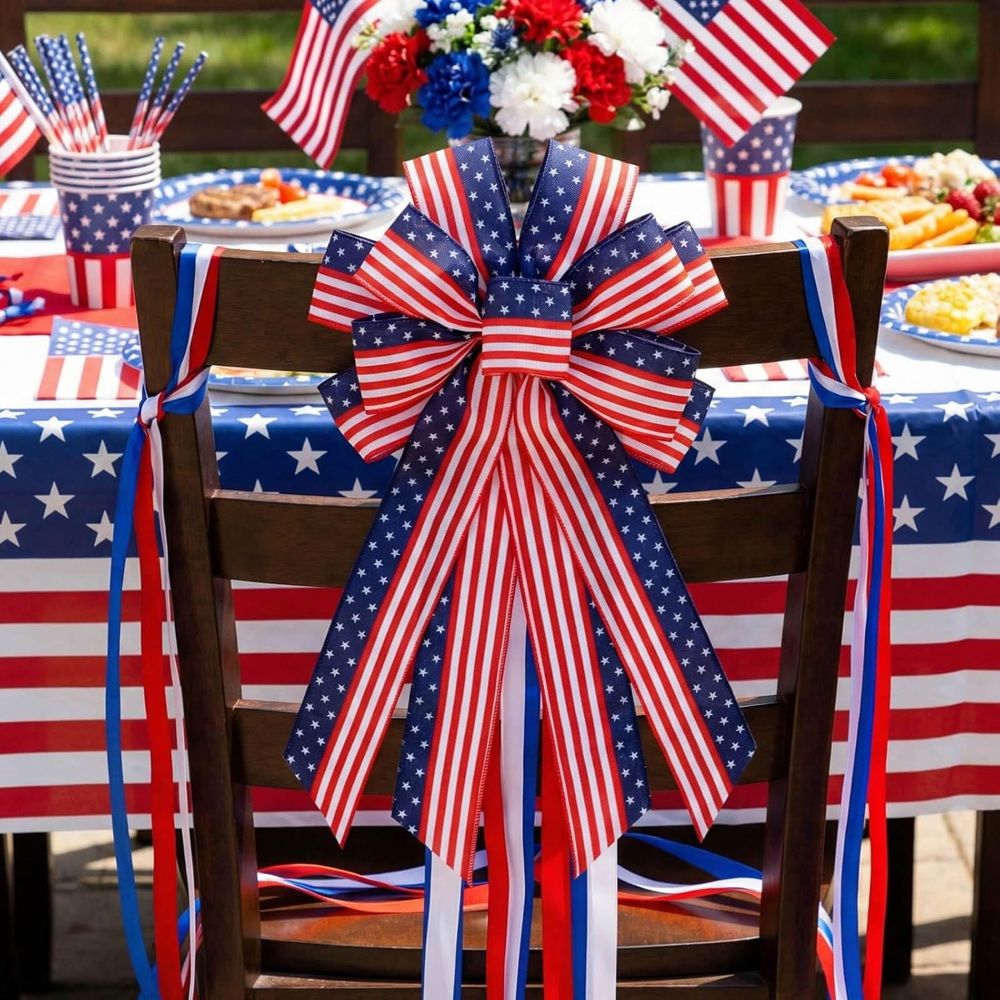 Patriotic Classic | 20.87" Large Red, White & Blue Wired Edge Bow - Pre-Made Flag Wreath Decor for Memorial Day & Independence Day