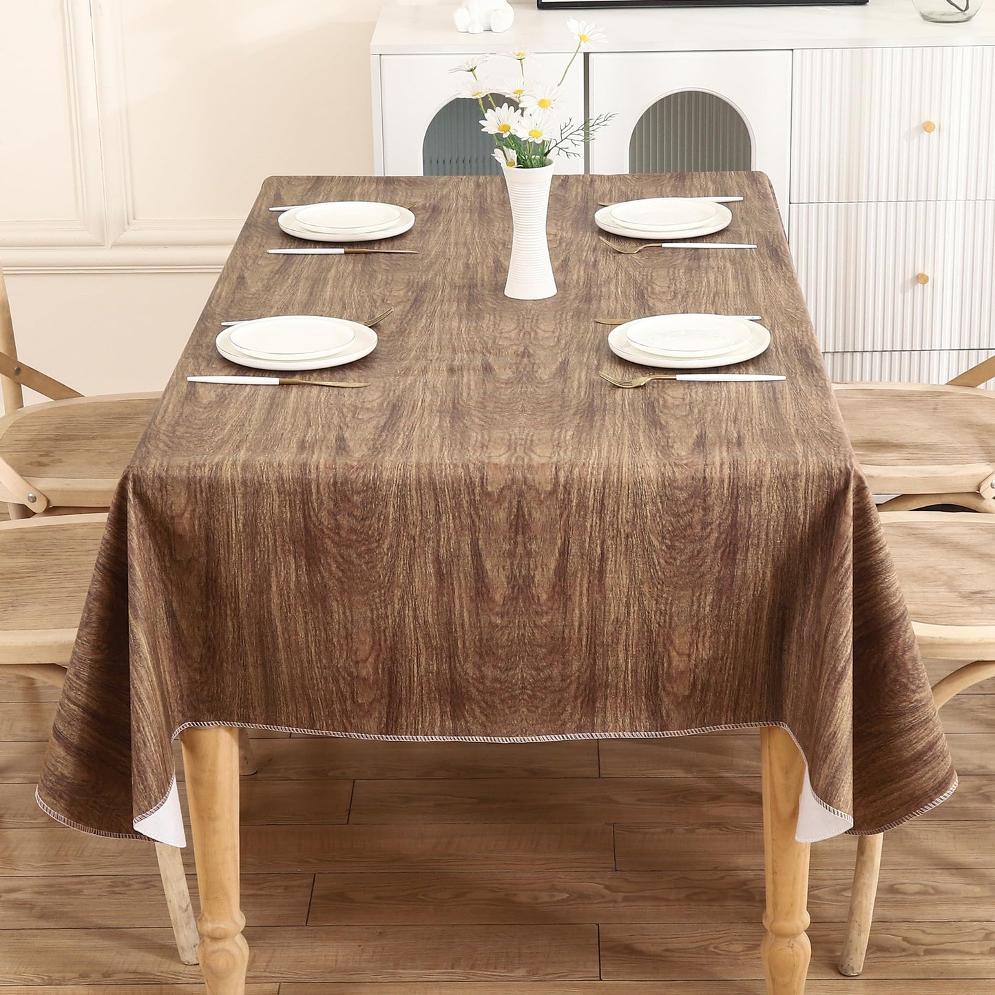 Walrus Heavy Duty Vinyl Tablecloth with Flannel Backing Waterproof Oil-Proof Plastic Table Cloth Stain-Resistant Wipeable Rectangle or Square Table Cover for Indoor and Outdoor (Wood, 60X84 Inch)