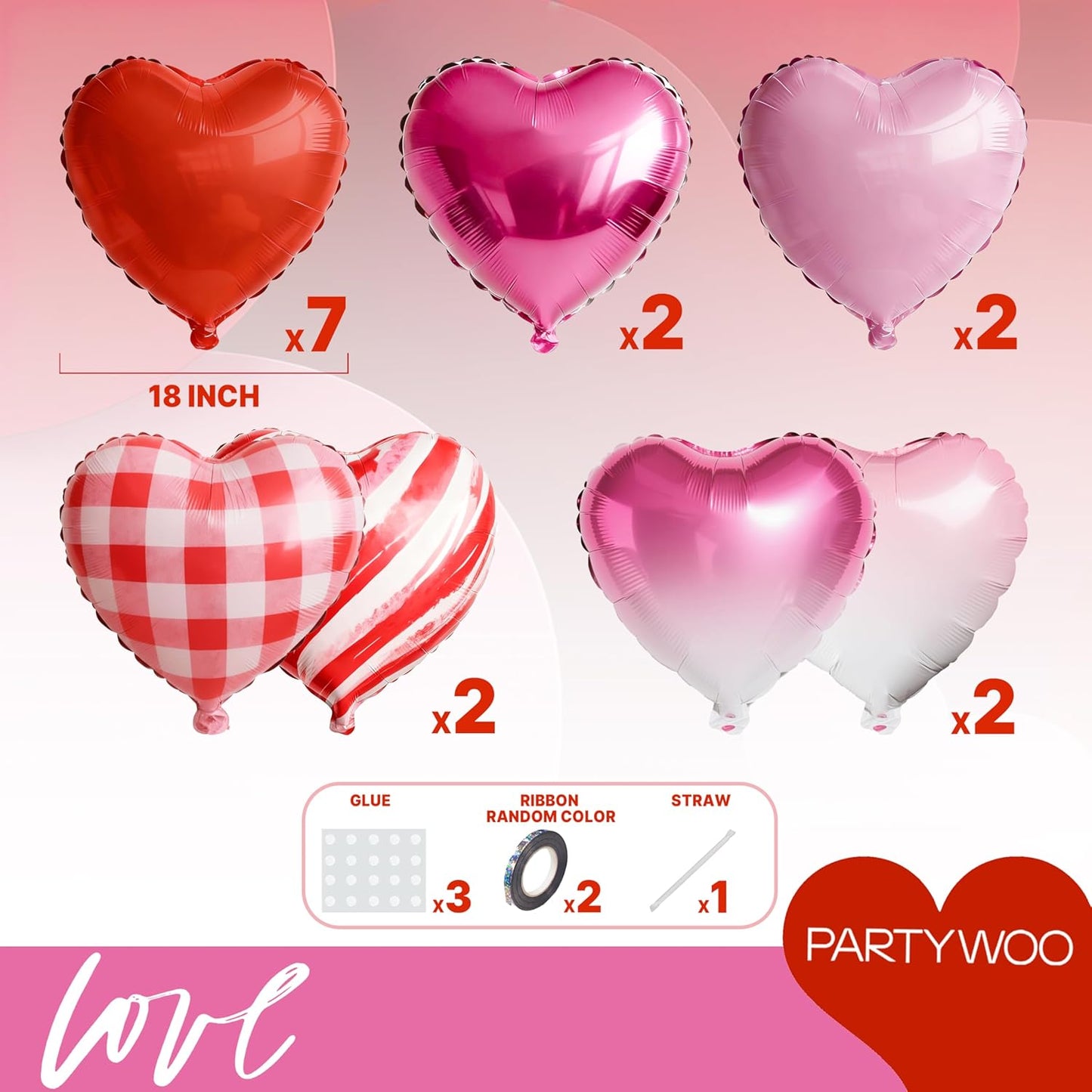 PartyWoo Pink Balloons - 127 Pcs in Various Sizes | Hot Checkered Marble Gradient Heart-Shaped for Valentine's Day & Weddings